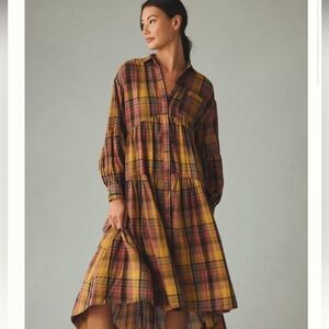 Anthropologie PILCRO Oversized Long-sleeve Tiered Plaid High-Low Dress Size XS